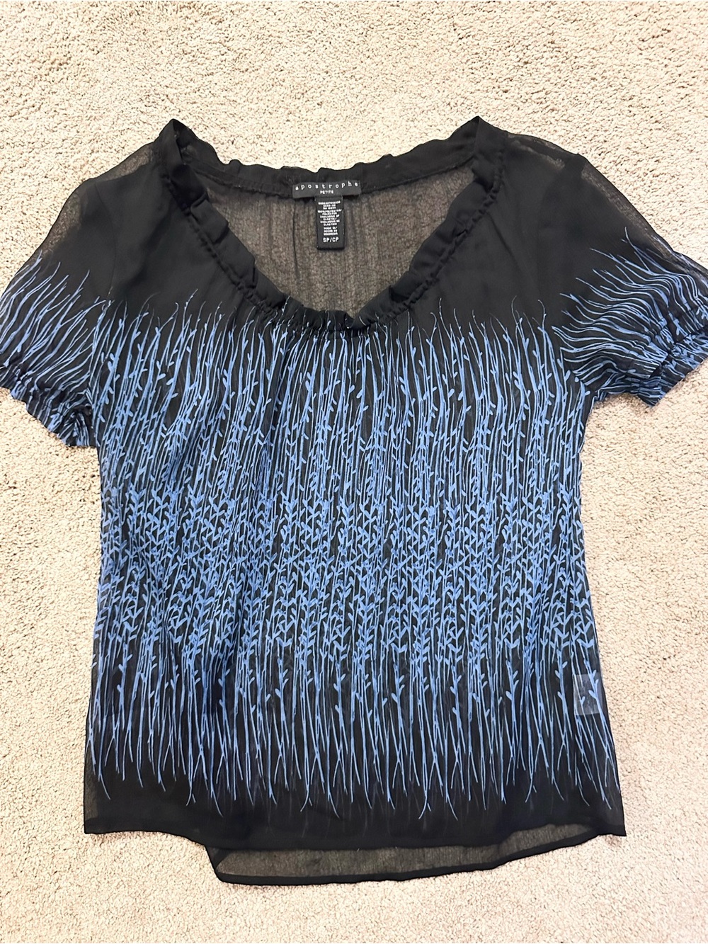 S apostrophe Blue Patterned Black Short-Sleeve Blouse